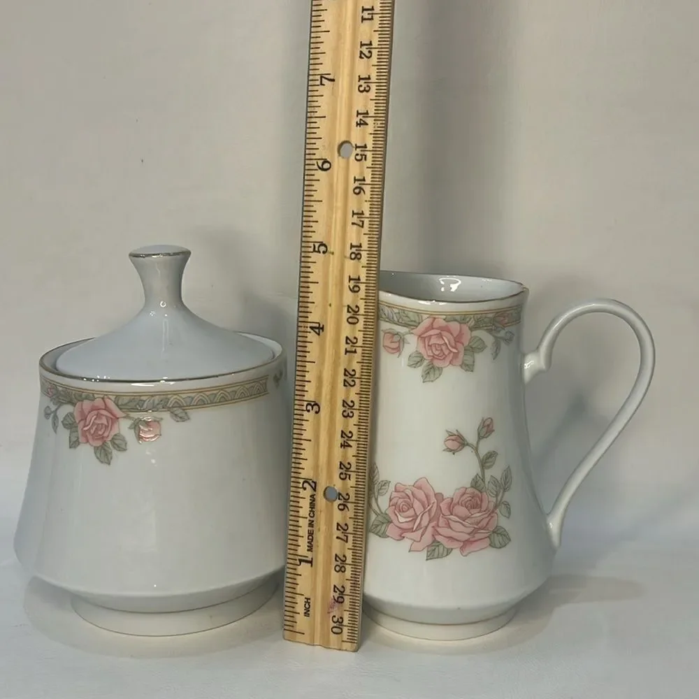 Crown Ming Fine China 8 Oz Creamer And 2 Cup Sugar Bowl Rose Floral Gold Trimmed